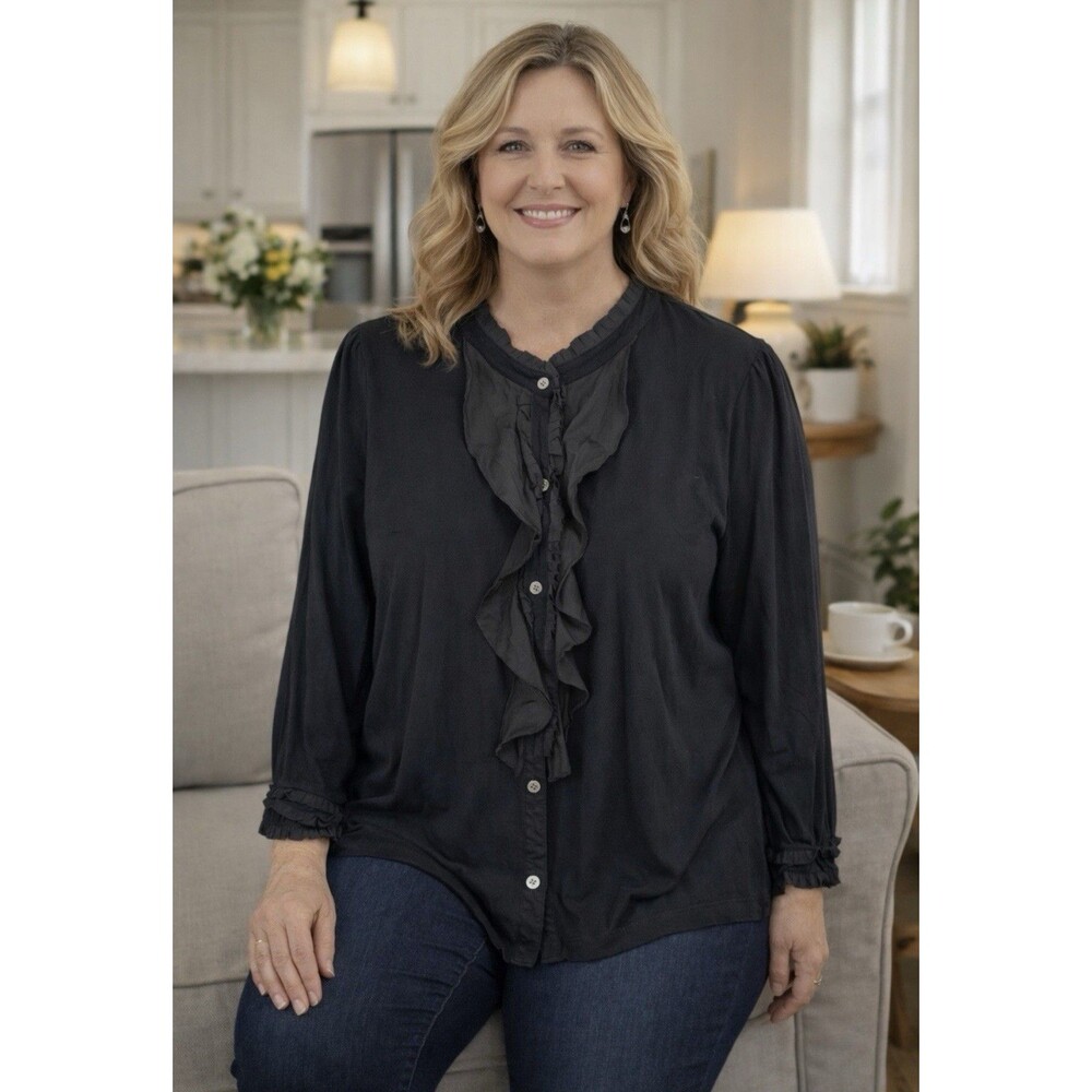 Revolve Theory Silk Black Ruffle Pima Cotton Button Up Cardigan Large Petite